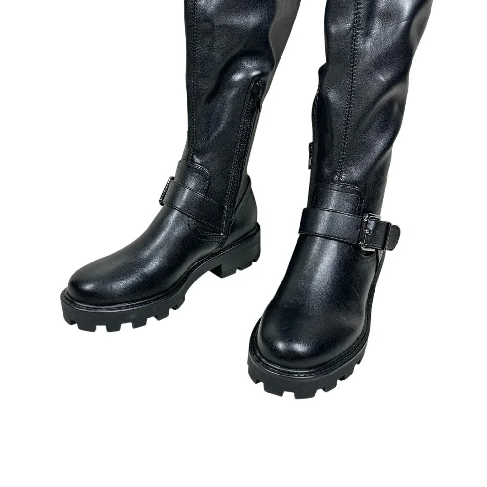 Nine‎ West Women's 5M Nans Lug Sole Over The Knee Boots Black Chunky